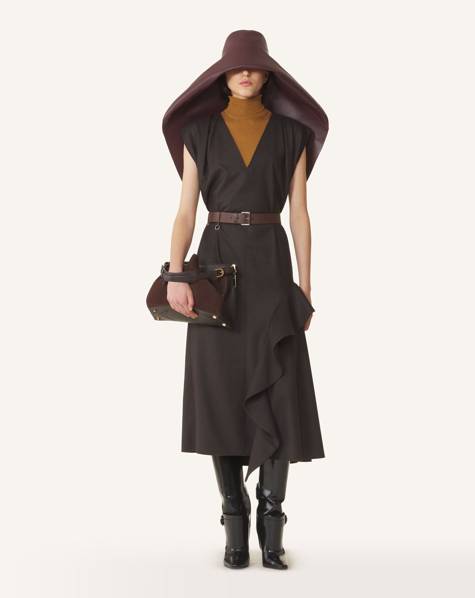 RUFFLE DETAIL V-NECK DRESS Lanvin RUFFLE DETAIL V-NECK DRESS Chocolate RWDR00746383H26