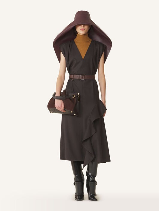 RUFFLE DETAIL V-NECK DRESS Lanvin RUFFLE DETAIL V-NECK DRESS Chocolate RWDR00746383H26