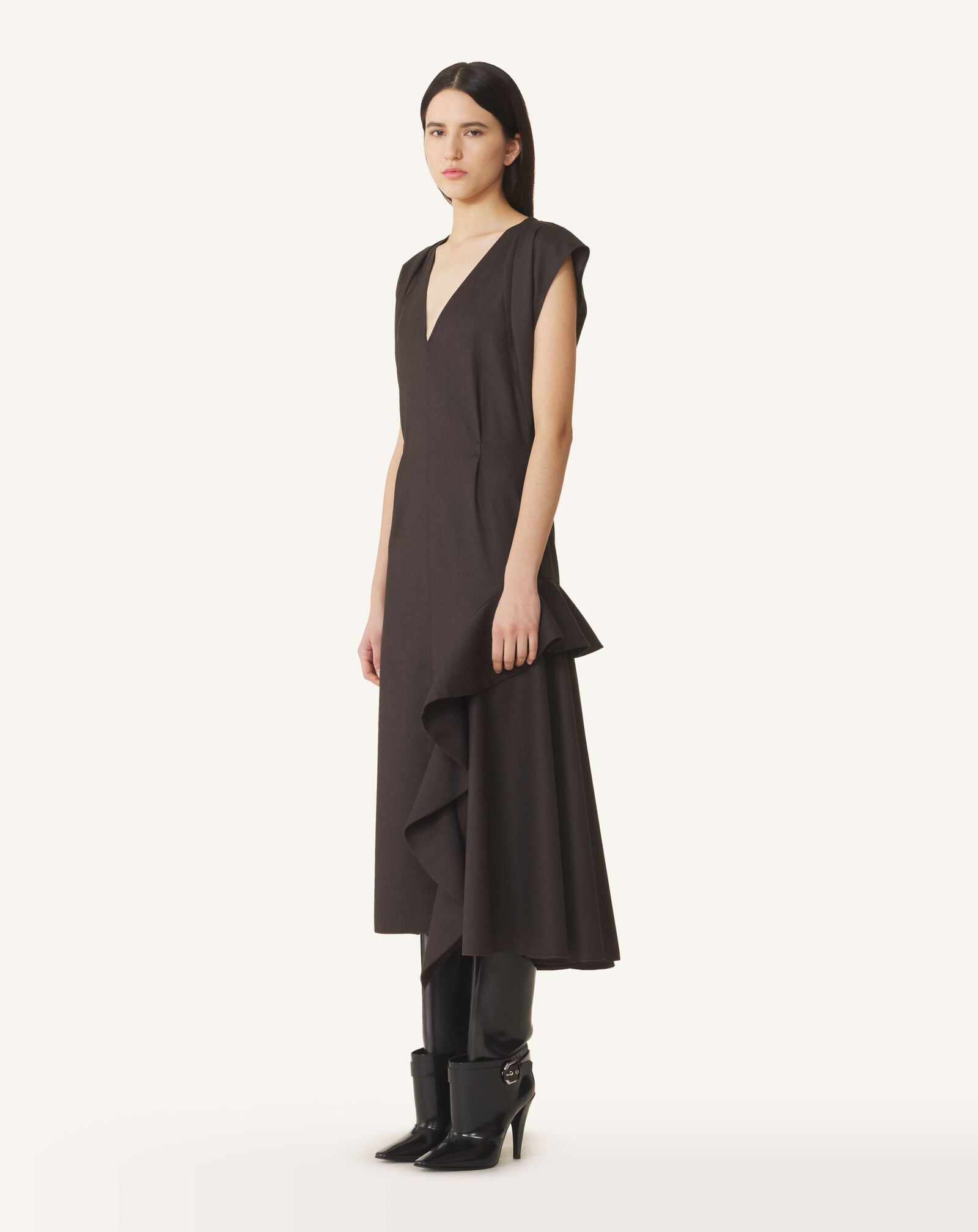 RUFFLE DETAIL V-NECK DRESS Lanvin RUFFLE DETAIL V-NECK DRESS Chocolate RWDR00746383H26