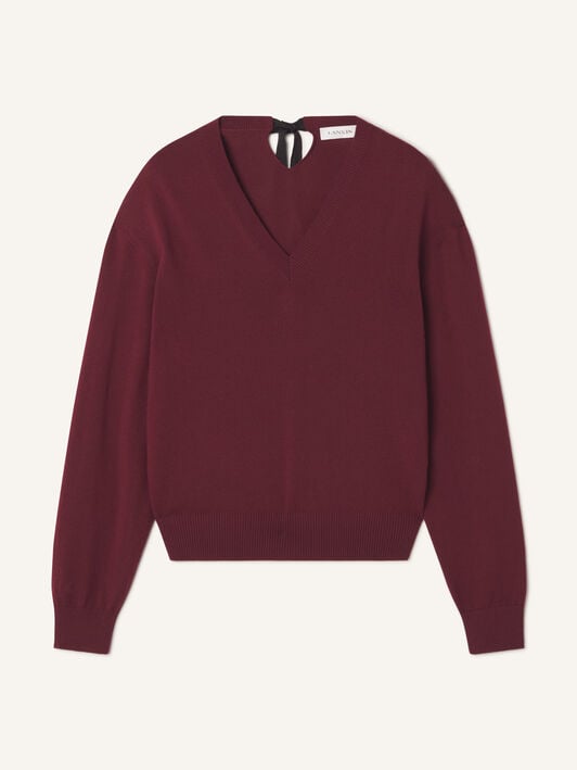 PULLOVER MIT V-AUSSCHNITT AUS MERINOWOLLE MIT GROSGRAIN-DETAIL Lanvin PULLOVER MIT V-AUSSCHNITT AUS MERINOWOLLE MIT GROSGRAIN-DETAIL Granatrot RWPO0027K101A26