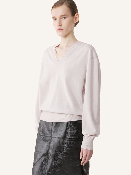 PULLOVER MIT V-AUSSCHNITT AUS MERINOWOLLE MIT GROSGRAIN-DETAIL Lanvin PULLOVER MIT V-AUSSCHNITT AUS MERINOWOLLE MIT GROSGRAIN-DETAIL Mondgrau RWPO0027K101A26