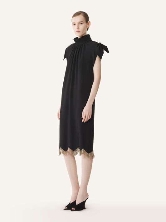 Lanvin BESTICKTES KLEID MIT SCHLEIFE AUS SABLÉ Schwarz RWDR91276388A26