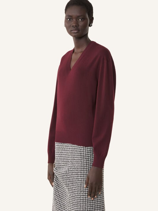 PULLOVER MIT V-AUSSCHNITT AUS MERINOWOLLE MIT GROSGRAIN-DETAIL Lanvin PULLOVER MIT V-AUSSCHNITT AUS MERINOWOLLE MIT GROSGRAIN-DETAIL Granatrot RWPO0027K101A26