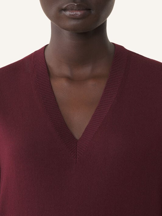 PULLOVER MIT V-AUSSCHNITT AUS MERINOWOLLE MIT GROSGRAIN-DETAIL Lanvin PULLOVER MIT V-AUSSCHNITT AUS MERINOWOLLE MIT GROSGRAIN-DETAIL Granatrot RWPO0027K101A26