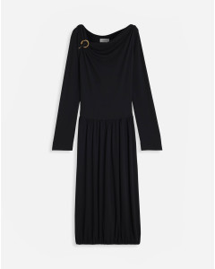 ASYMMETRIC TOP LONG SLEEVE DRAPED MIDI DRESS IN FLUID CREPE 