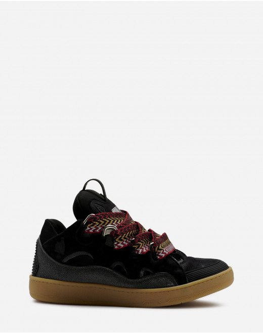 LEATHER AND GLITTER TECHNICAL MATERIAL CURB SNEAKERS