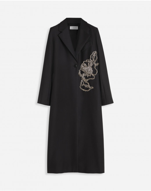 MANTEAU TAILLEUR À SIMPLE BOUTONNAGE EN LAINE ET SOIE AVEC BRODERIE