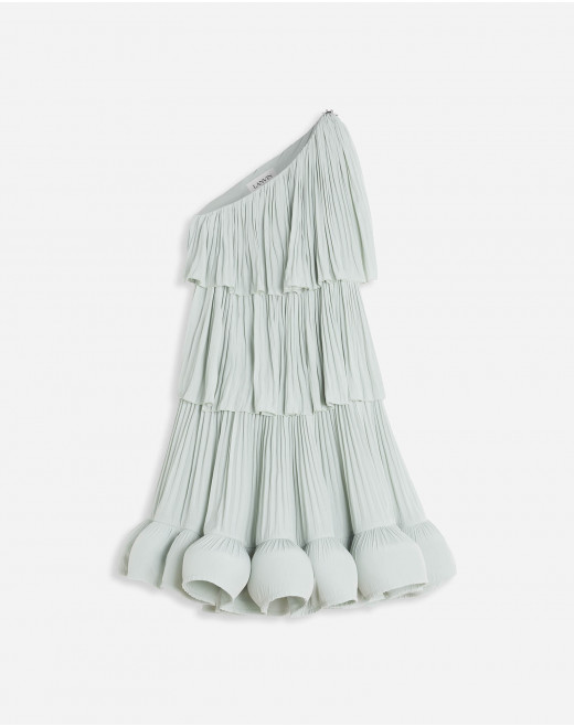ASYMETRIC 3 LAYER DRESS WITH RUFFLES IN CHARMEUSE 