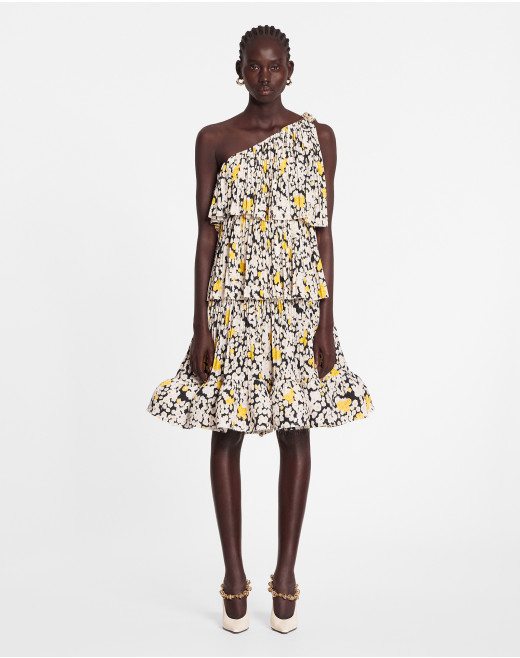 PRINTED CHARMEUSE ASYMMETRIC DRESS WITH RUFFLES