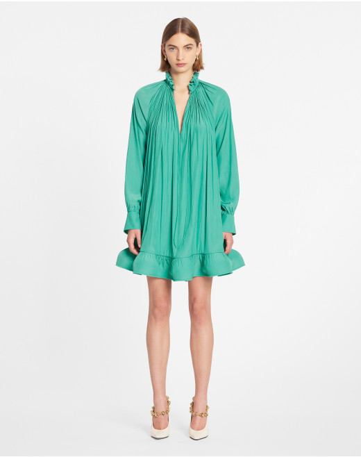 SHORT CHARMEUSE DRESS WITH LONG SLEEVES AND RUFFLES