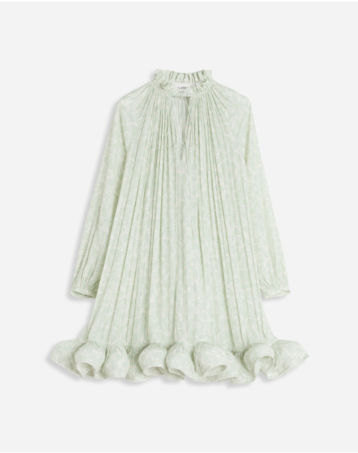 LONG SLEEVE MINI DRESS WITH RUFFLES IN FLOWER PRINT CHARMEUSE 