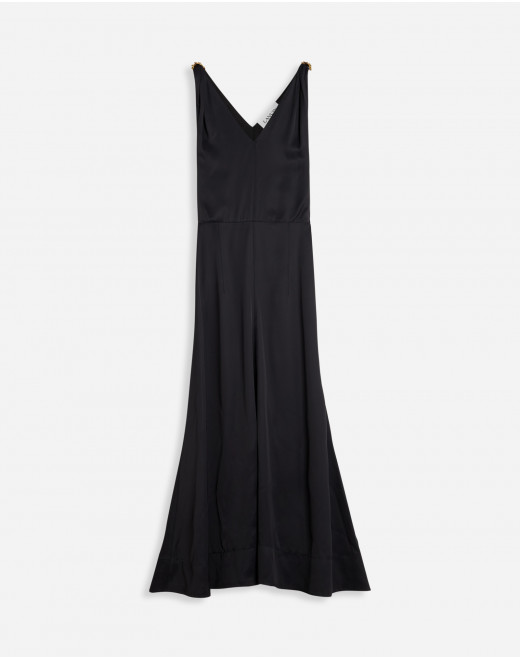 SLEEVELESS V NECK FLARE MIDI DRESS IN SATIN
