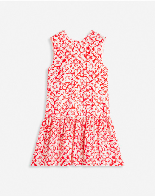 ROBE SANS MANCHES À COL ROND ET VOLANTS EN SERGÉ DE SOIE IMPRIMÉ