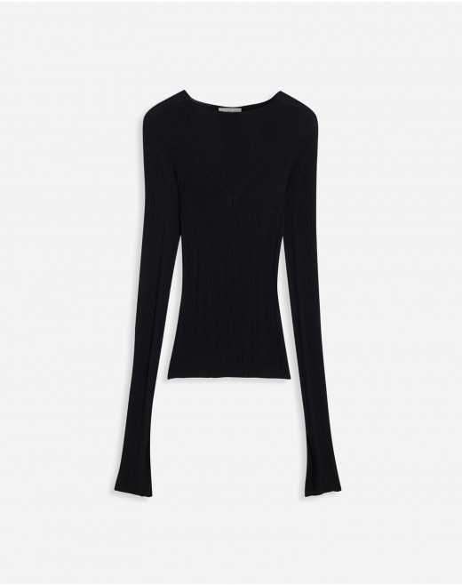 ROUND NECK LONG SLEEVE RIBBED TOP IN SILK AND CASHMERE 