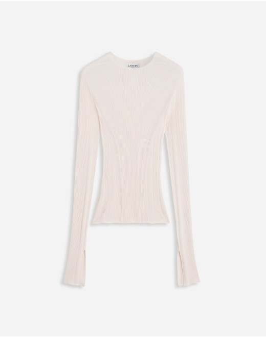 ROUND NECK LONG SLEEVE RIBBED TOP IN SILK AND CASHMERE 