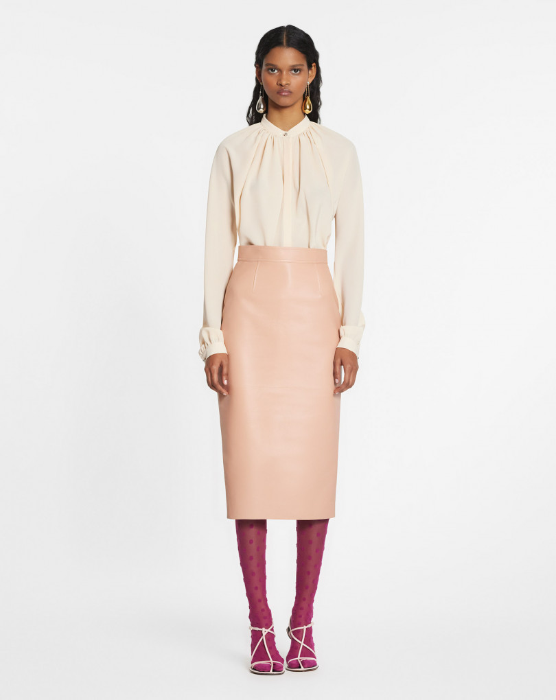 blush pink leather pencil skirt