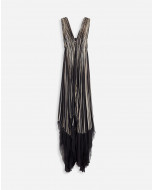 LONG PLEATED DRESS WITH TROMPE L'OEIL PRINT