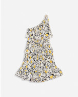 PRINTED CHARMEUSE ASYMMETRIC DRESS WITH RUFFLES
